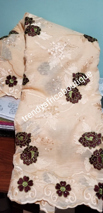 Classic Double Organza African Lace fabric. Wine/green Embriodery work on Beige fabric. Sold per 5yds. This is a Clearance item. Best price for a quality fabric