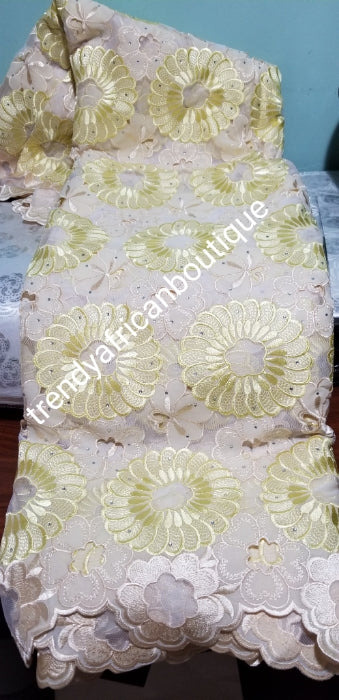 Clearance Item: African embriodery lace fabric in Cream/yellow. Quality Swiss Voile/net lace fabric for making African party wear. Sold per 5yds