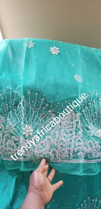 Clearance: New arrival Mint Green beaded/stoned George wrapper. Top quality silk George for special Nigerian Ceremony. Come 5yds + 1.8yds net matching blouse.Niger/igbo/Delta George wrapper