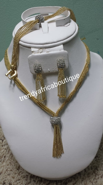 Clearance item: 2 tone multi strings necklace set. 3pcs. 18k 2 tone costume necklace set. Women bridal necklace set with silver accent. Sold as a set. Beautiful drop necklace with beautiful lock