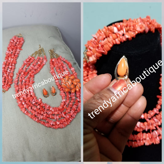 Clearance item: coral beaded necklace set. Made with coral chips. Multi roll Edo/Nigerian traditionsl coral necklace