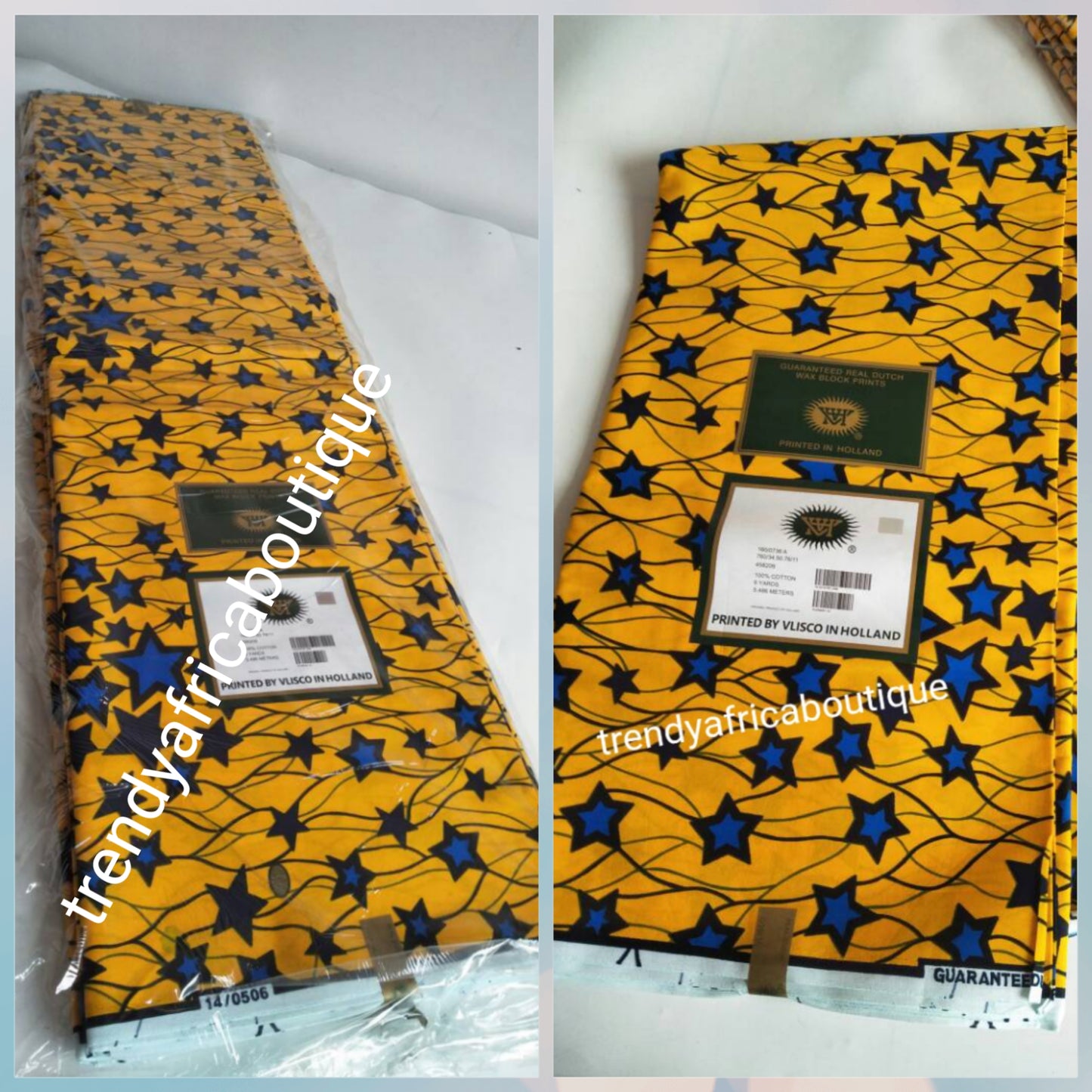 Top quality 100% Cotton Yellow/blue Star ankara Wax-print. Supper quality Hollandaise wax. Sold per 6yds. African/Nigerian cotton Ankara.