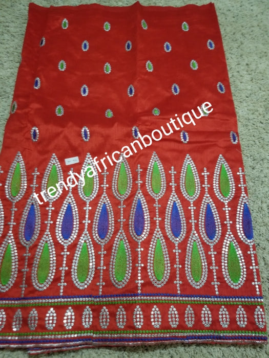Fine quality Red embriodery premium silk George. Indian-George embrofered with green and royal blue. Igbo/delta George is 5yds