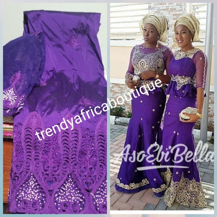 Purple embriodery George with matching net for blouse combination. Top Quality Indian-George for making Nigerian/African party dress. 5yds +1.8yds blouse. Contact us for aso-ebi order