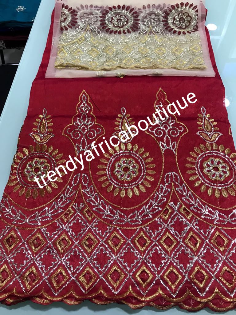 Quality Red/champagne Gold Embriodery Silk George wrapper. Fancy Indian-George for making African/Nigerian party dresses. 5yds red+ 1.8 yards matching net blouse