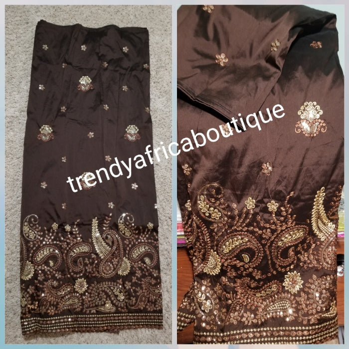 Clearance item: Chocolate brown/Gold  Embriodery silk Geoge fabric. Original quality George for making African party dress. Indian-George sold per 5yards and price is for 5yds