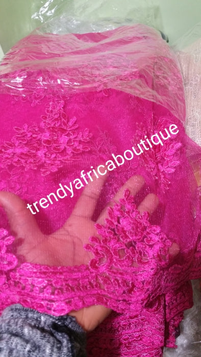 Sold per yard. Hot pink Net French lace fabric. Beautiful embriodery design.  French lace use for dresses or top/ blouse. Soft texture