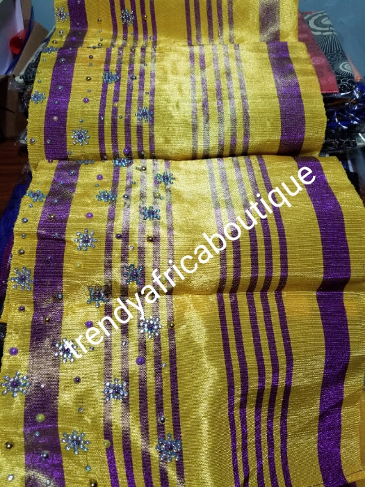 Original Quality Yellow/purple Aso-oke Gele. Beaded/stones border in latest design. Sold as gele only. Ngerian woven aso-oke for making gele, easy to tie