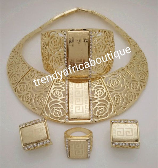 4pcs 18k Dubai costume Gold plated choker necklace set. Matching bangle, earrings, and ring. Sold as a set, price is for the set
