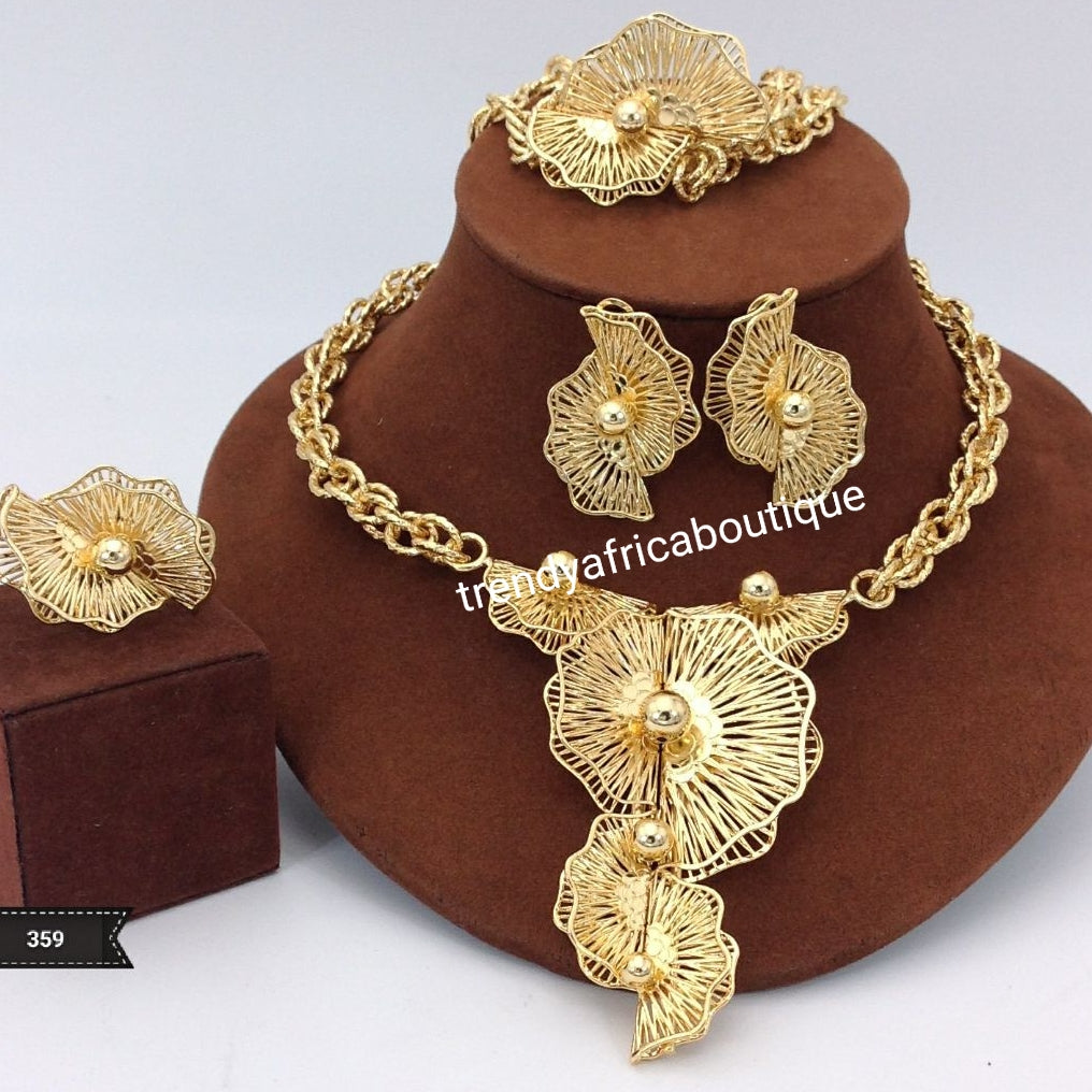 4pcs Costume Gold plated jewelry set. 18k Dubai Imitation Gold. Classic design. Open ring for one size fit. Hypoallergenic goldplated Dubai gold for party use. Sold as a set, price is for the 4pcs