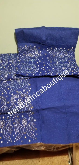 Nigerian woven cotton Aso-oke for making Gele. Latest Bedazzled Aso-oke design for special occasion. Royal blue aso-oke is sold as Gele only and price is for one gele