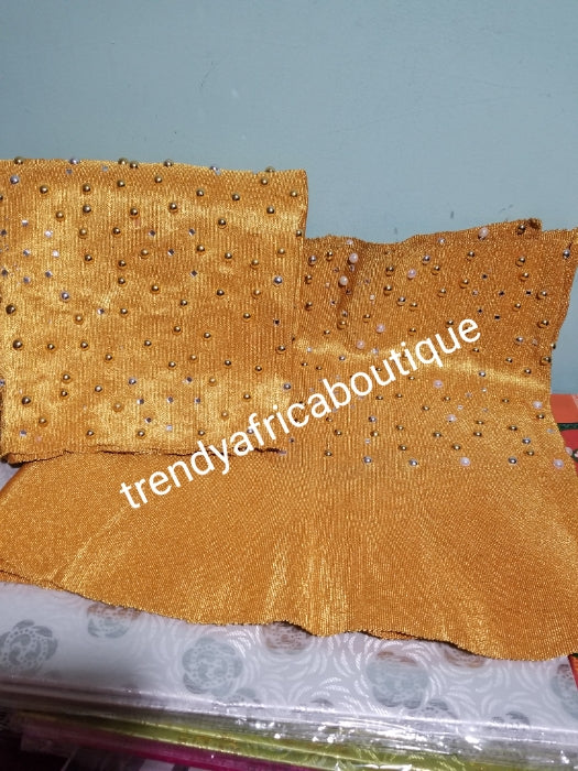Mustered yellow Beaded /stoned aso-oke for making gele. Sold as gele only. New arrival Nigerian traditional aso-oke for Gele/headtie