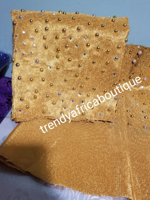 Mustered yellow Beaded /stoned aso-oke for making gele. Sold as gele only. New arrival Nigerian traditional aso-oke for Gele/headtie