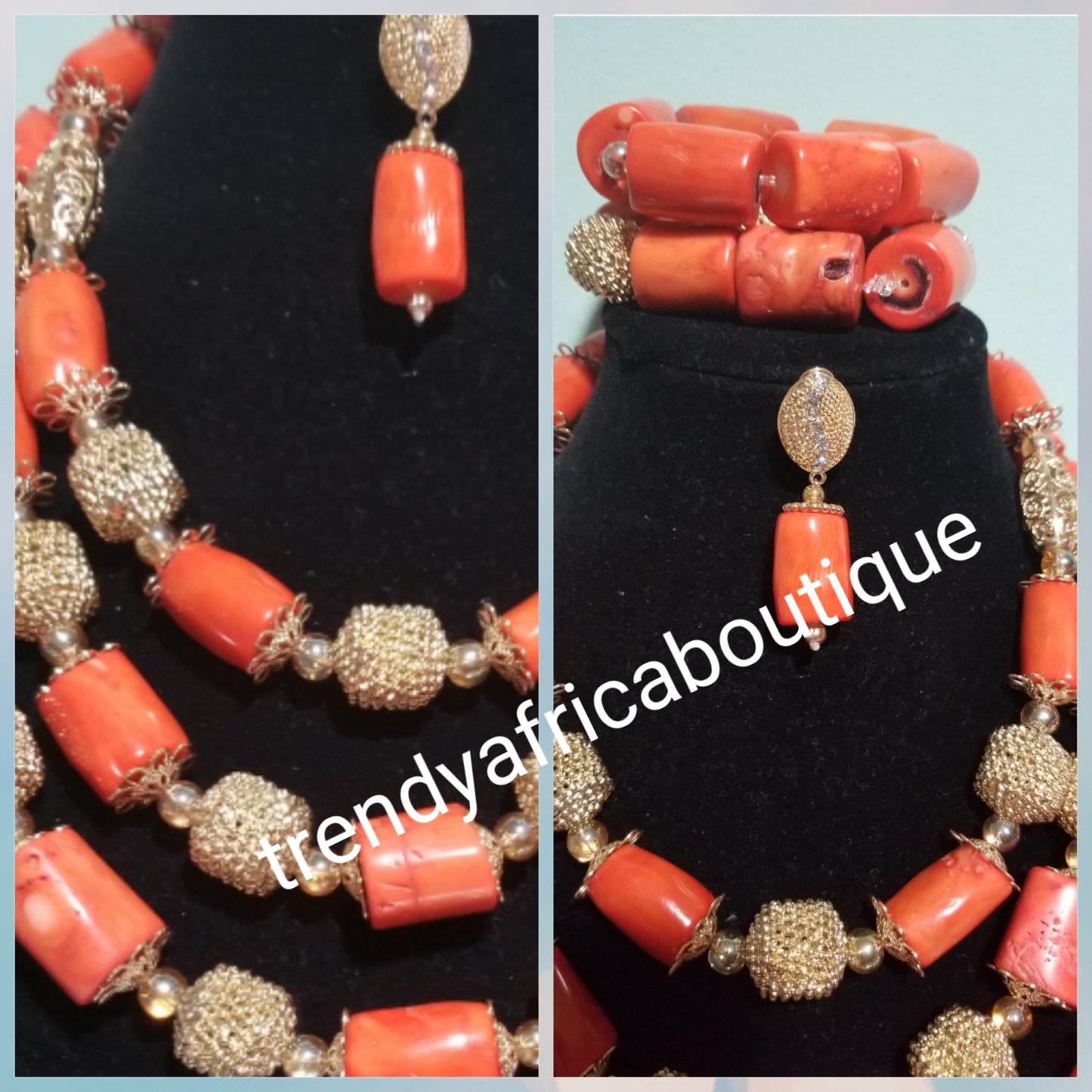 Wieder auf Lager: Original Edo/Nigerianisches Korallen-Perlen-Halsketten-Set. 3-teiliges Set mit Braut- und Hochzeitsaccessoires, Perlen im neuesten Design mit Perlen und Steinen