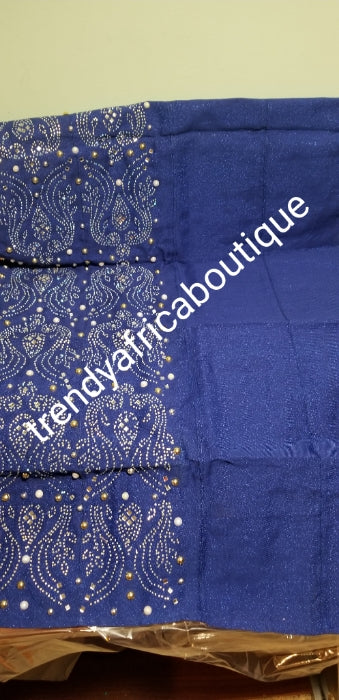Royal blue Bedazzled aso-oke set in 3pcs. Gele/ipele (shoulder shawl)/cap piece for making men hat. Fully beaded and stoned to perfection for Nigerian Celebrant.