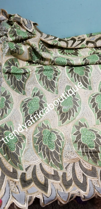 SALE: original quality Swiss voile lace. Classic design at give away price. Sold as 5yds and price is for 5yds. Olive green/beige