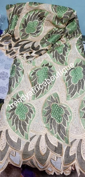 SALE: original quality Swiss voile lace. Classic design at give away price. Sold as 5yds and price is for 5yds. Olive green/beige
