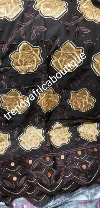 Bonus sale: Chocolate/peach original Swiss lace fabric for making Nigerian party outfit for men and women. Coffee brown  background. Sold as 5yds+ free headtie and price is for 5yds.