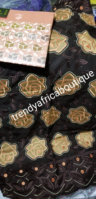 Bonus sale: Chocolate/peach original Swiss lace fabric for making Nigerian party outfit for men and women. Coffee brown  background. Sold as 5yds+ free headtie and price is for 5yds.