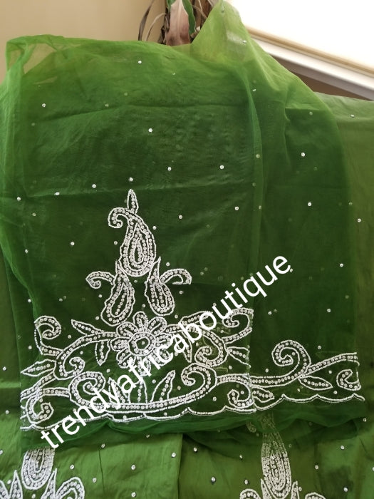 Clearance: hand stoned Silk George wrapper in beautiful olive green and white stoned design. Nigerian/igbo/Delta Bridal george wrapper. 5yds + 1.8yds net matching design for blouse combination. Sold as a set