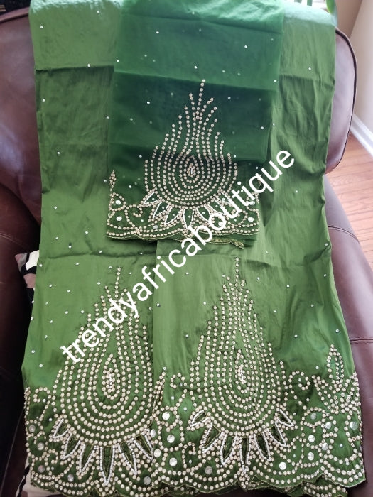 Clearance item: Silk George wrapper. Hand stoned with hand cut border. Nigerian/igbo/delta Bridal wrapper. Quality indian silk Georged with hand stoned in Olive green. Big mark down price