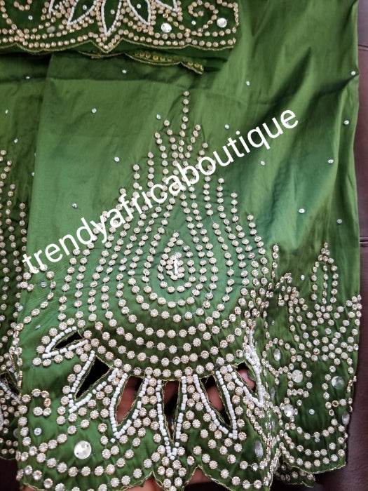 Clearance item: Silk George wrapper. Hand stoned with hand cut border. Nigerian/igbo/delta Bridal wrapper. Quality indian silk Georged with hand stoned in Olive green. Big mark down price