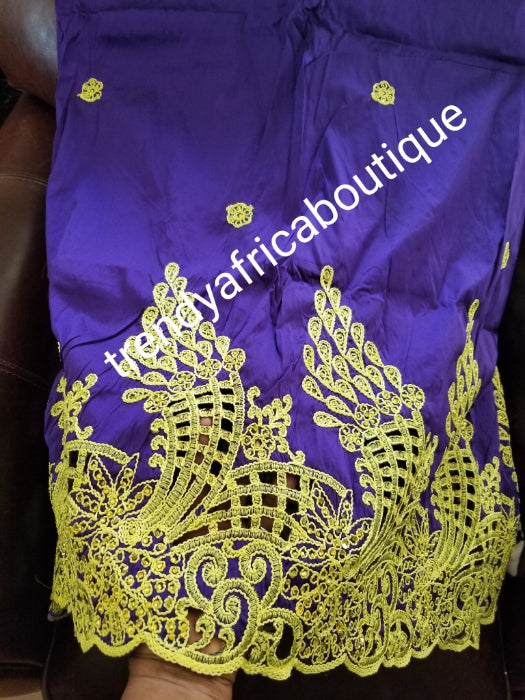Price drop: Purple/yellow embriodery and stoned George wrapper. Top quality taffeta small-george for making nigerian Aso-ebi dresses. Sold as 5yds and 1.8yds matching net blouse fabric. Need to order of aso-ebi. New arrival Nigerian/indian Silk George