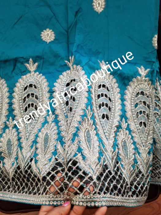 Teal green Embriodery Nigerian wedding George fabric and net blouse. Come 5yds +1.8yds wrapper. New arrival aso-ebi Silk George. Sold as a set. Small-George for Nigerian party dress