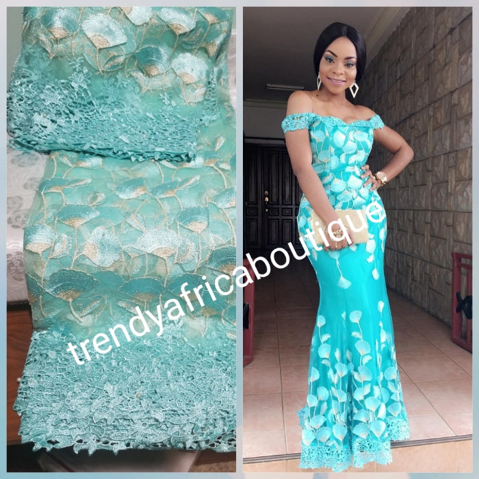 Mint Green French lace fabric. Beautiful lace border with Soft texture. Nigerian Aso-ebi lace. Sold per 5yds price is for 5yds