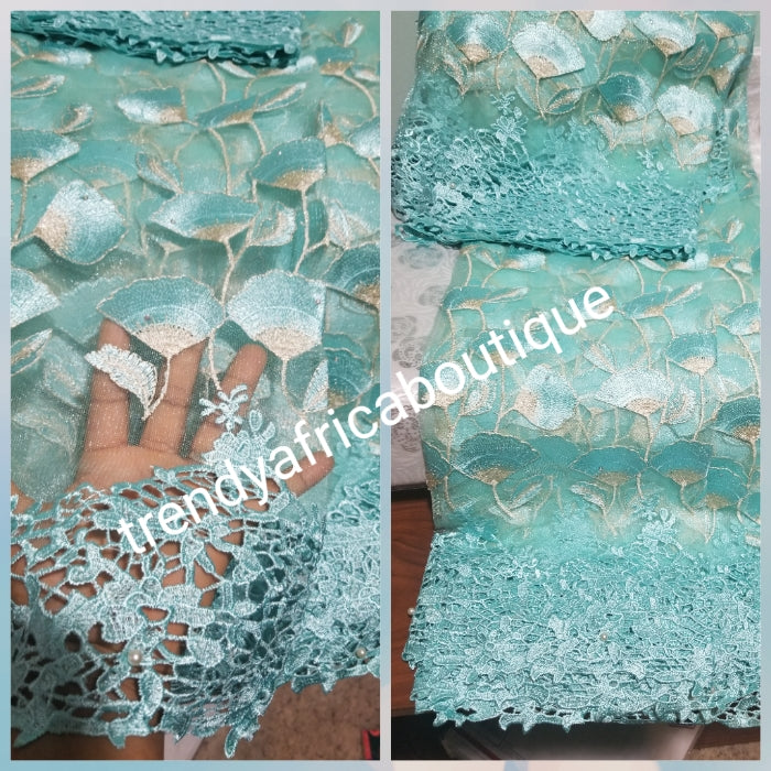 Mint Green French lace fabric. Beautiful lace border with Soft texture. Nigerian Aso-ebi lace. Sold per 5yds price is for 5yds