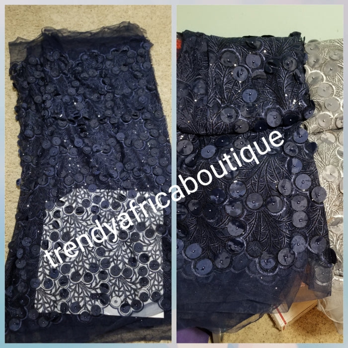 Latest design:Navy blue  handcut sequine African French lace fabric embellished with round petals all over to perfection. Good for Celebrant/red carpet event. Sold per 5yds. Nigerian Bridal Lace