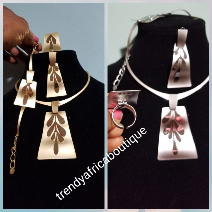 18k Dubai imitation Gold plating. African/Nigerian party costume Jewelry set. 4pcs choker necklace/earring/open ring/bracket. Quality long lasting plating