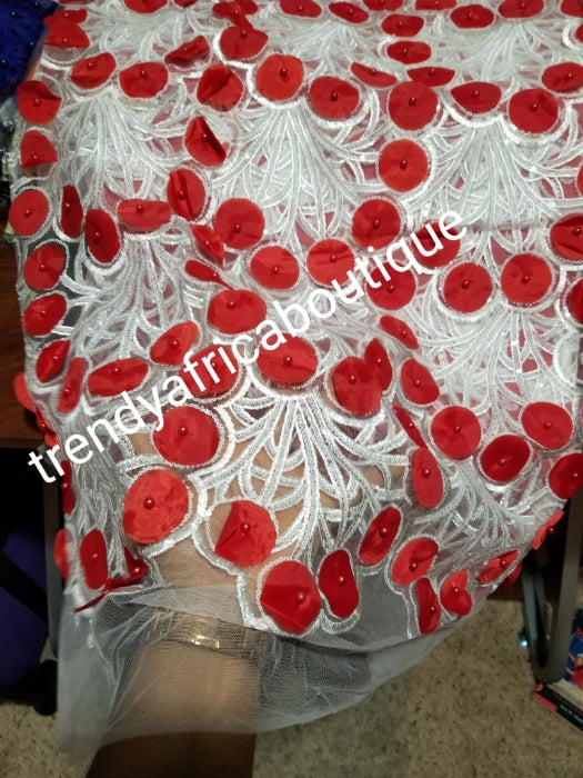 New arrival top quality White handcut sequence french lace embellished with Red petals. African Frwnch lace fabric sold per 5yds. White/Red. Nigerian weddings and big parties