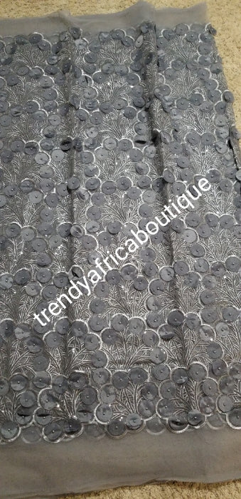 Latest French lace design. Gray handcut sequence Celebrant French lace fabric. Embellish with all over petals to perfection. Sold per 5yds. Celebrant/bridal lace fabric