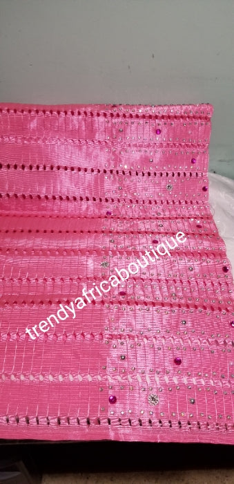 Quality Pink Nigerian aso-oke for making Gele. Latest design beaded and stoned border for making Nigerian party Gele. Sold as one piece in a bag for gele