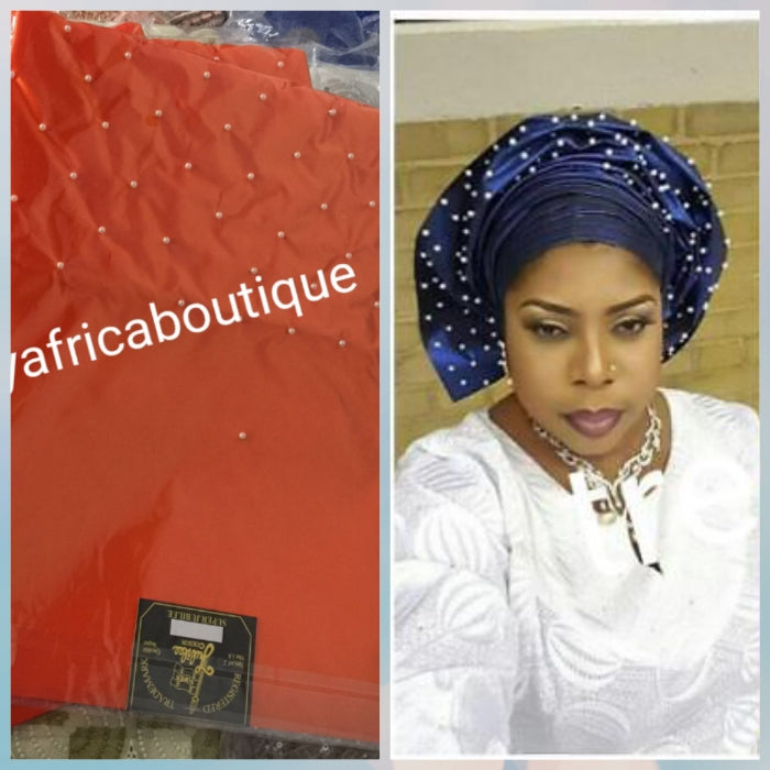 New arrival Orange sago for making gele/headwrap. Embellish with pearl border, great quality, easy to make into gele Nigerian traditional headtie. Sold as a park of 2