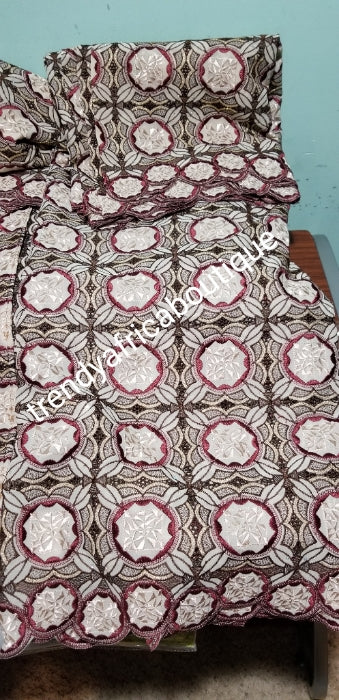 Special offer: new arrival swiss lace fabric. Quality, soft embriodery lace for Nigerian party outfit. Sold per 5yds, price is for 5yds. Beige/wine.
