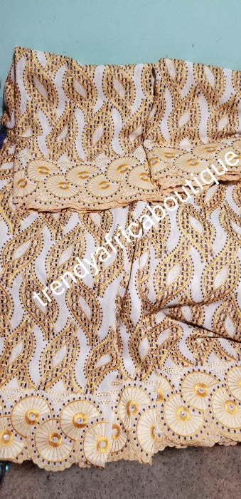 Beige/gold super quality Swiss voile lace fabric. Embroidery lace fabric for Making Nigerian party outfit. Sold per 5yds