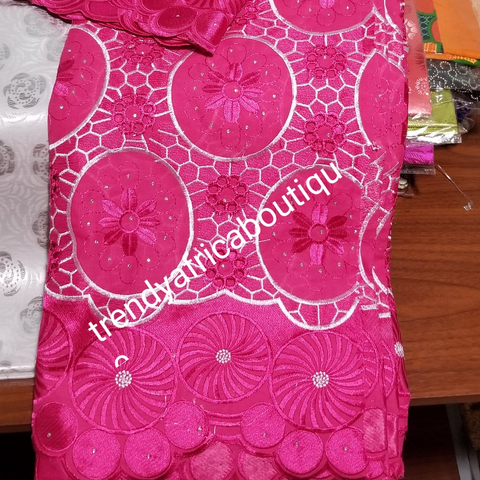 Fuschia pink/white Embroidery Swiss voile lace. Quality design for that special occasion. Sold per 5yds, price is for 5yds