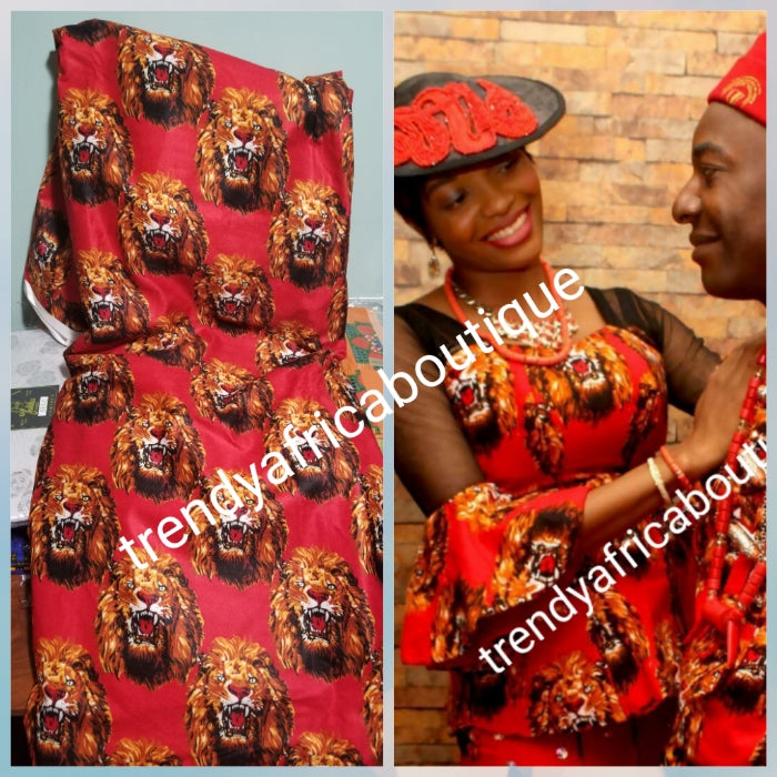 Sale; Original quality Red Isi-agu Igbo traditional wrapper use by men or women. Sold per yard, price is for one yard. Nigerian/igbo ceremonia fabric. Soft texture, authentic isi-agu fabric for Igbo title ceremony. Lion head fabric