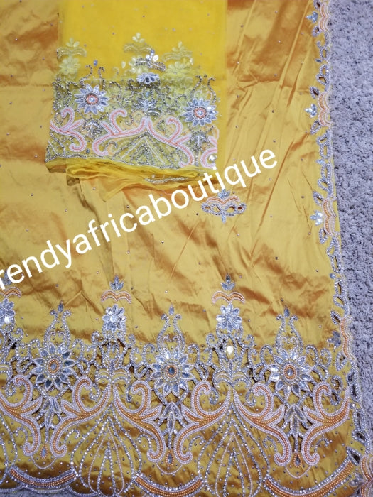 Ready to ship  Sweet musterd yellow crystal stoned/beaded Nigerian traditional Igbo Bridal George wrapper with matching net blouse.  5yds silk george + 1.8yds matching net blouse. Hand cut work with exclusive dazzling stone work. Niger/Igbo/delta wrapper