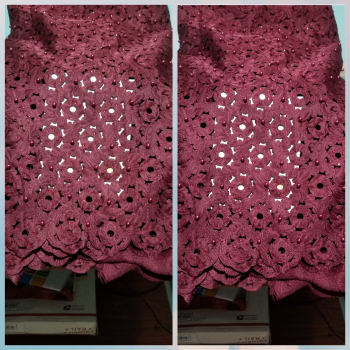Wine color Swiss lace fabric. Latest Laser cut lace for African party Dress. Sold per 5yds. Price is for 5yds