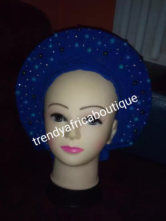 Nigerian latest auto-gele in Royal blue. Beaded and stoned. Made with quality Aso-oke. Party ready in a few seconds. No more wahala trying to tie your gele