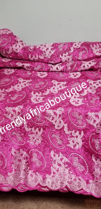 New arrival Hot pink  African french lace fabric. Sold per 5 yards. Soft texture. Price is for 5yds. Embriodery french lace for making Nigerian party dress.