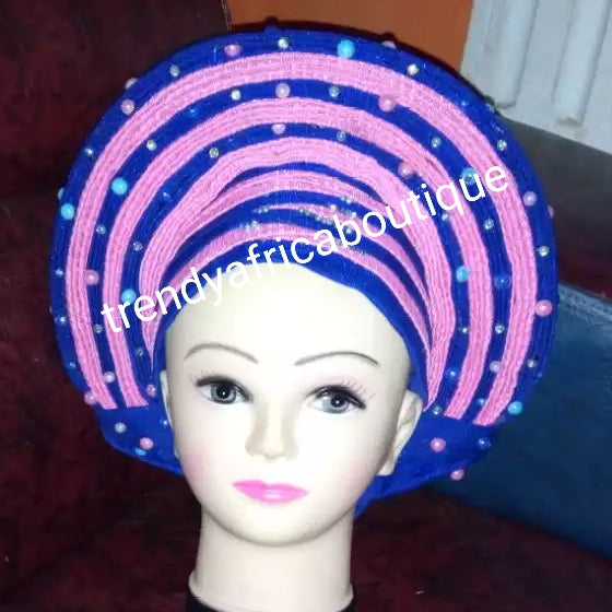 Pink/royal blue Auto-gele. Nigerian aso-oke made into auto gele. Silve ...