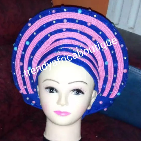Pink/royal blue Auto-gele. Nigerian aso-oke made into auto gele. Silver color, beaded and stoned. Party ready in less than 5 minutes. One size fit, easy adjustment at the back