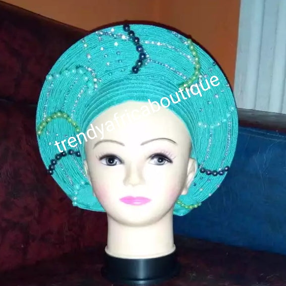 Mint Green Auto-gele. Nigerian aso-oke made into auto gele. Silver color, beaded and stoned. Party ready in less than 5 minutes. One size fit, easy adjustment at the back
