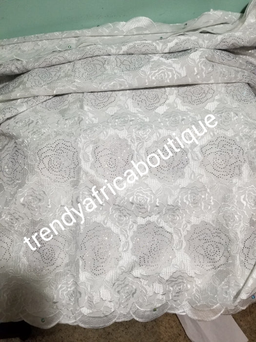 Exclusive White/white Nigerian wedding swiss Lace fabric. Quality embroidery white lace. Embellish with dazzling crystals