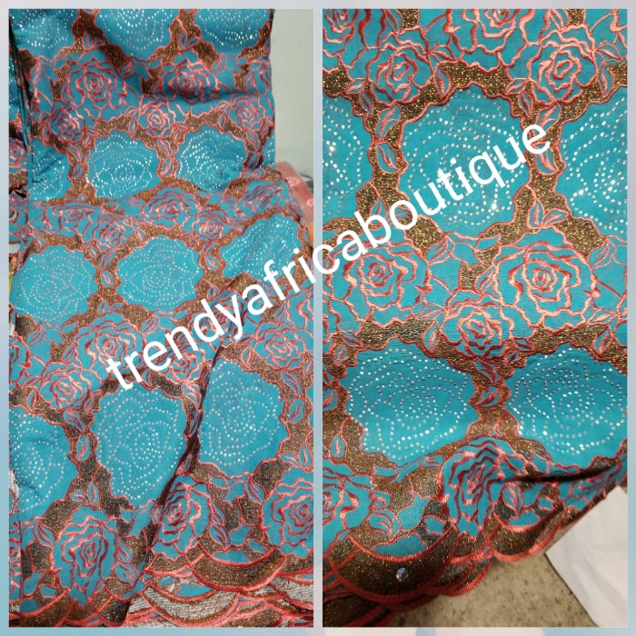 Sale: Beautiful quality Embroidery Swiss lace fabric. Aqua/coral African wedding/ceremonial Lace fabric, embellished with white crystal stones. Sold per 5yds