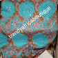 Sale: Beautiful quality Embroidery Swiss lace fabric. Aqua/coral African wedding/ceremonial Lace fabric, embellished with white crystal stones. Sold per 5yds